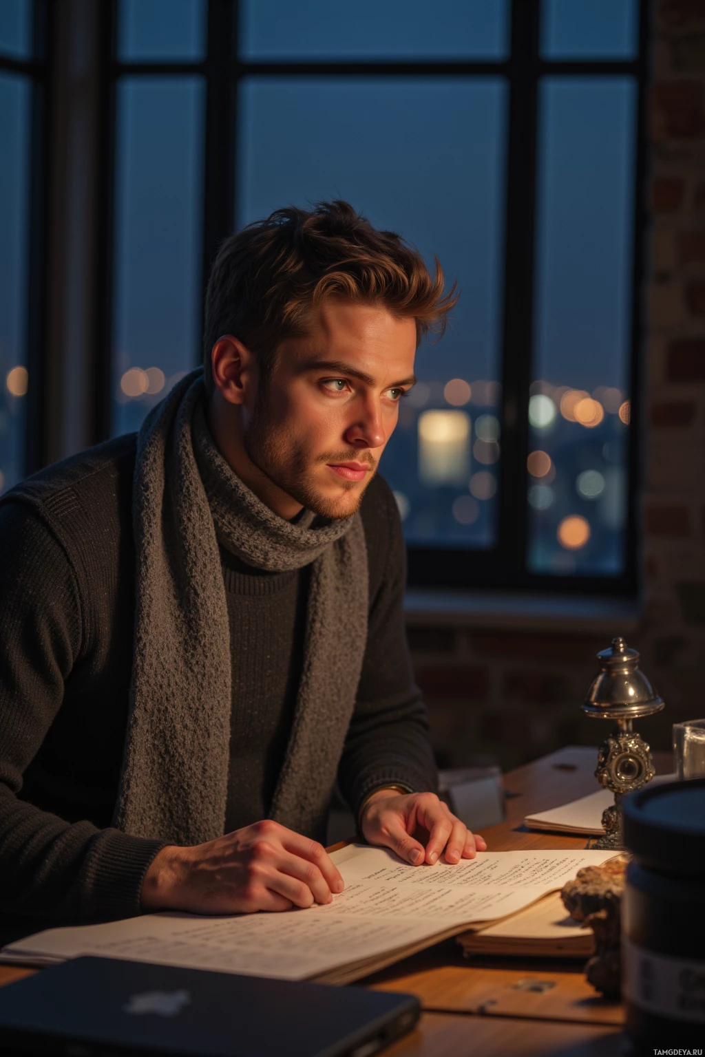 A man sits at a desk by a window, reading a book with a cityscape visible outside.