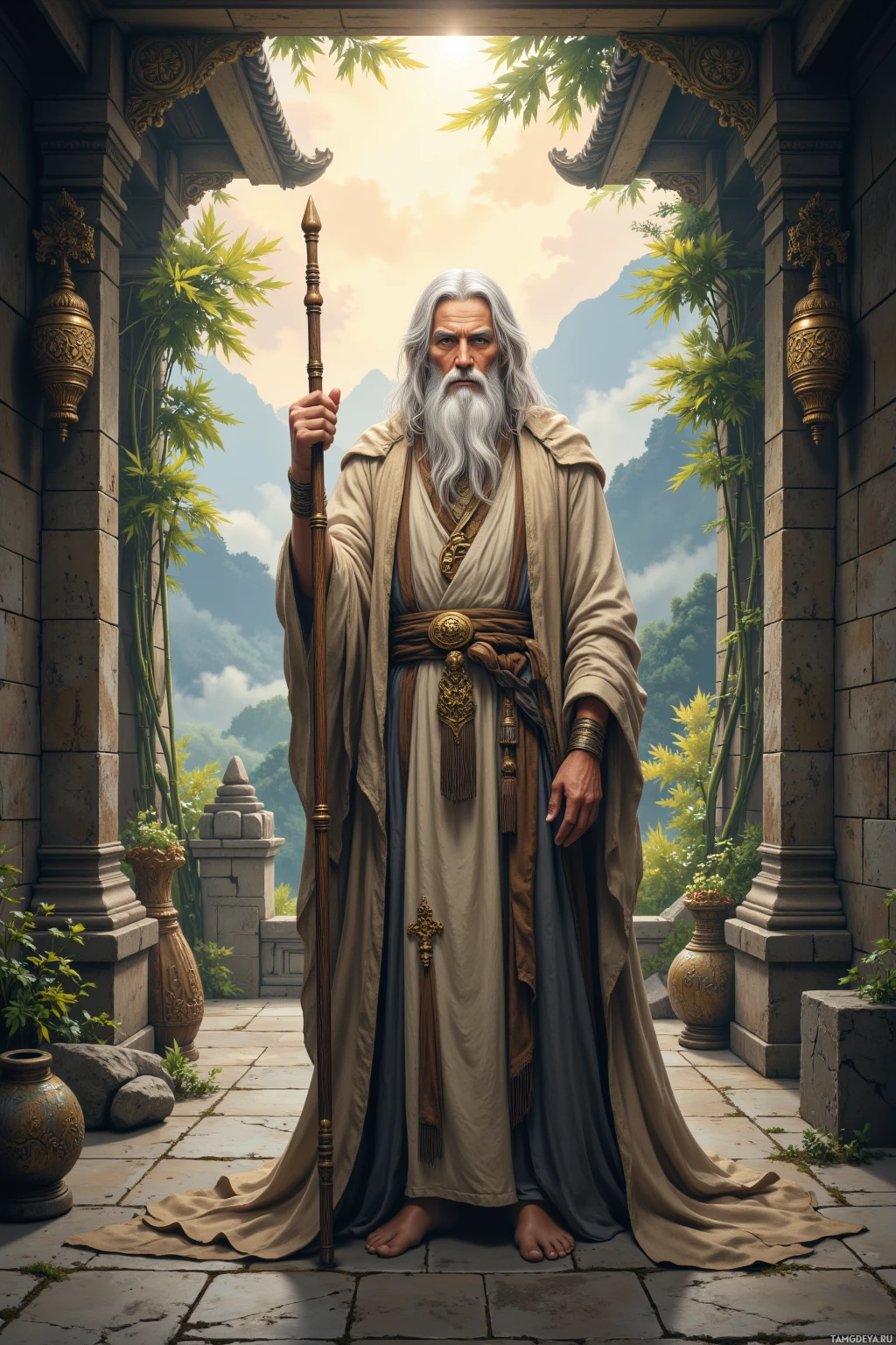 A wise, bearded man in traditional robes stands in a serene courtyard, holding a staff.