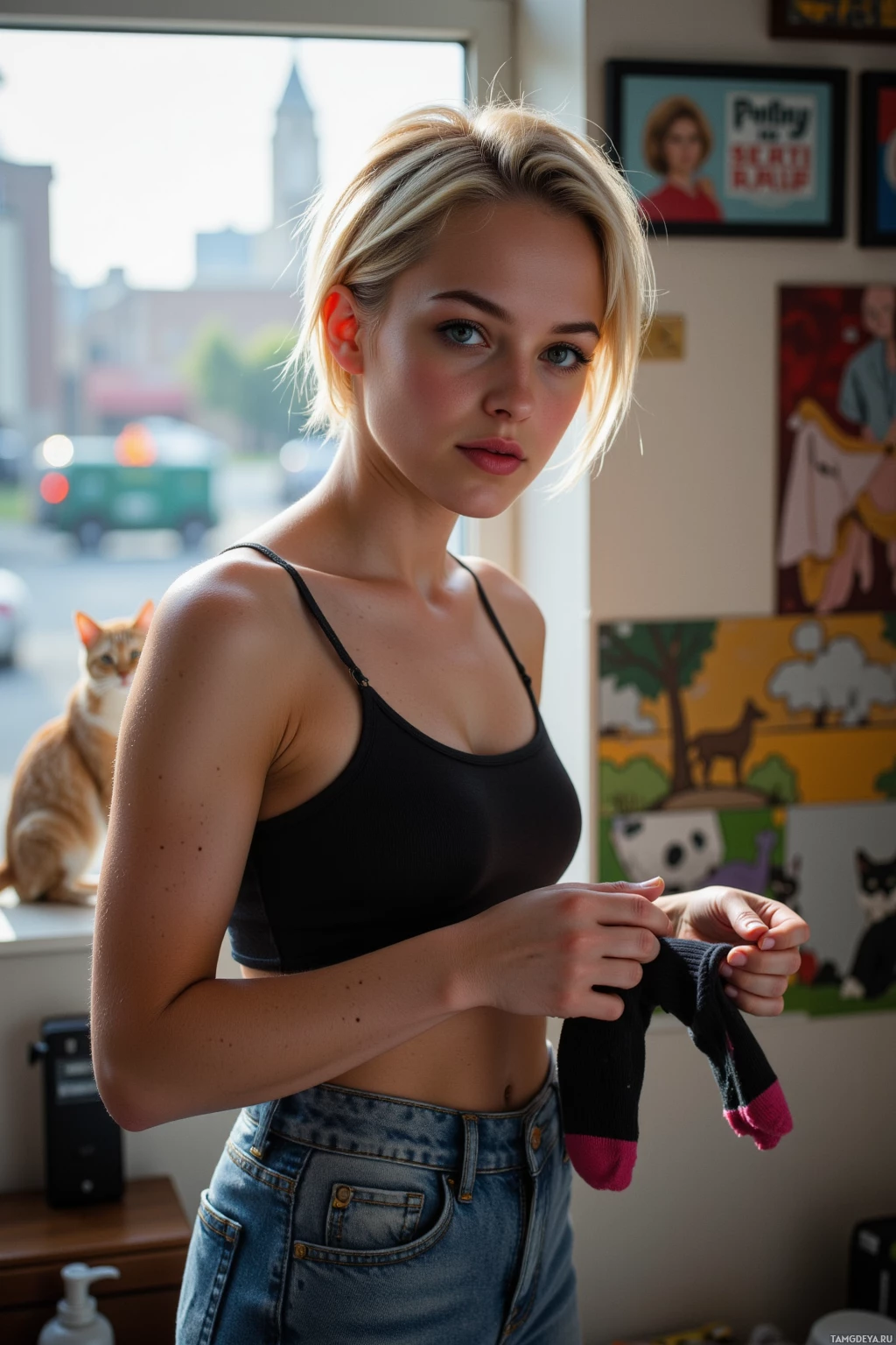 A person in a black top and jeans holds a sock in a room with a window and a cat.