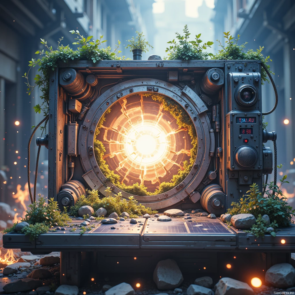 A futuristic, industrial structure with a circular opening emitting light, surrounded by greenery and rocks.