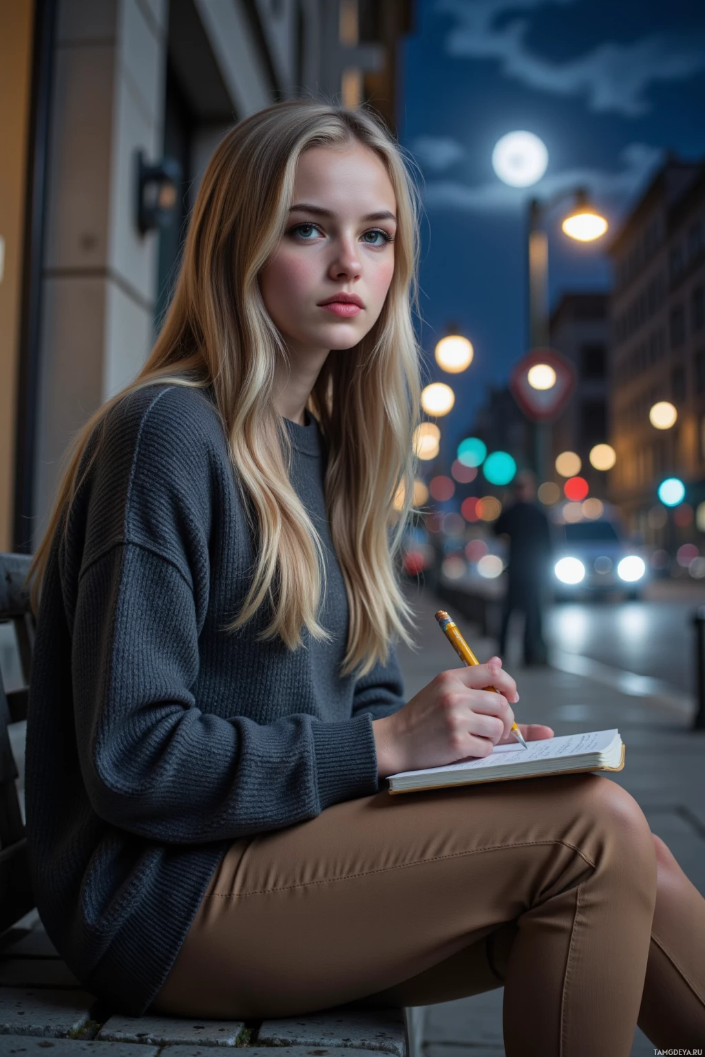 A young woman sits on a bench at night, writing in a notebook with a pencil.