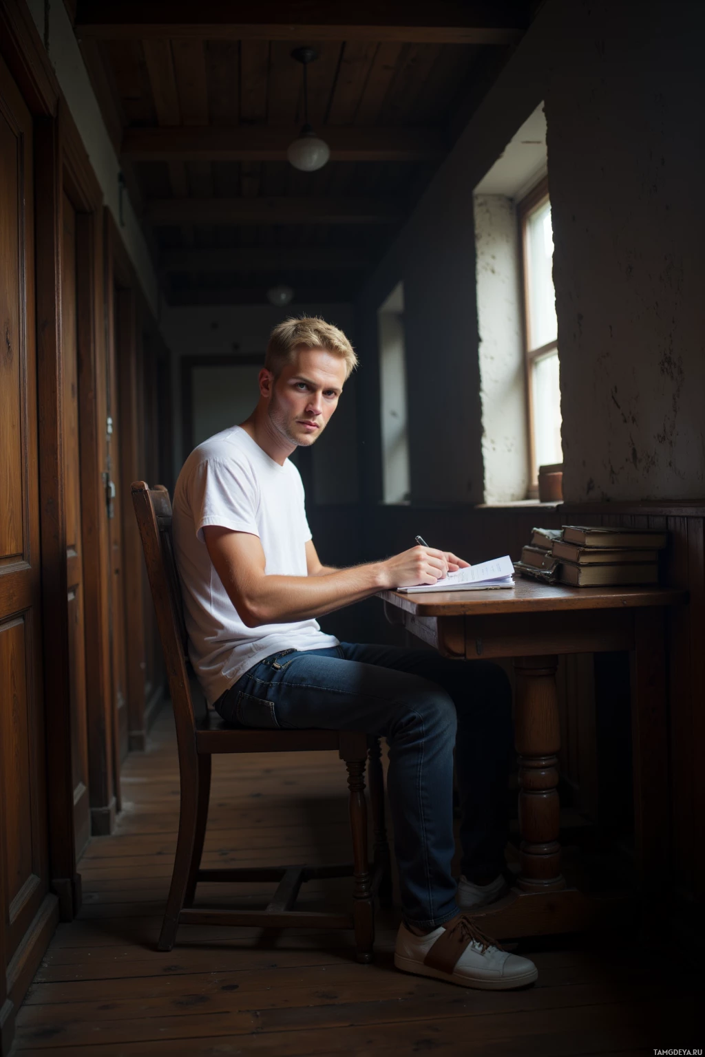 A man sits at a wooden desk in a dimly lit room, writing in a notebook.