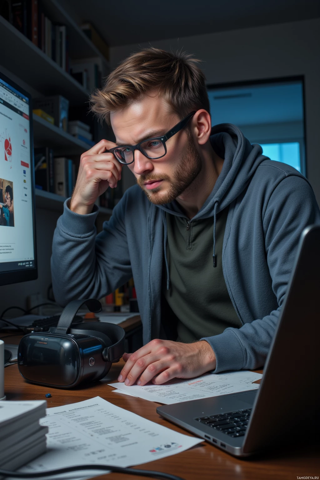 A person wearing glasses and a hoodie is sitting at a desk with a laptop, VR headset, and papers.