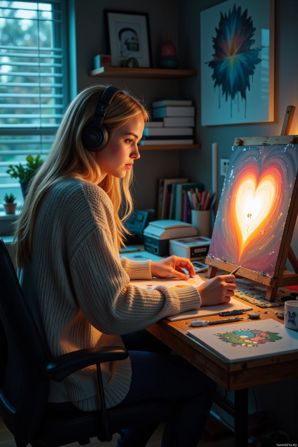 A person wearing headphones is seated at a desk, working on a painting of a heart.