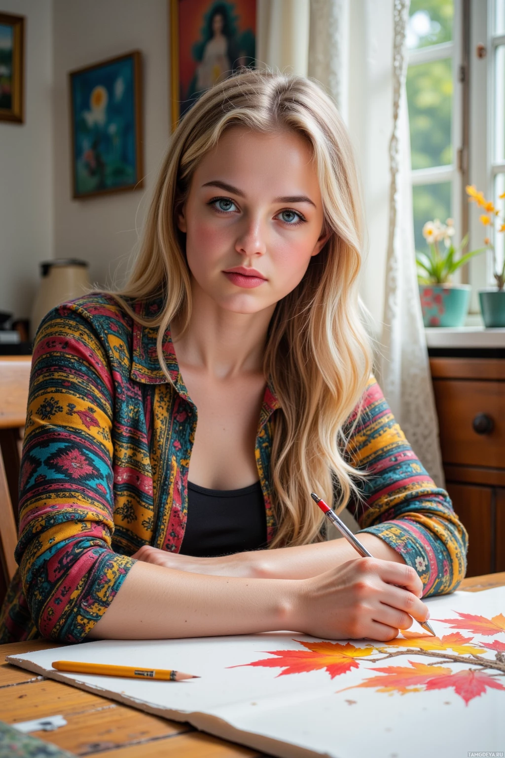 A person with long blonde hair wearing a colorful patterned shirt is sitting at a table, drawing a leaf with a pencil.
