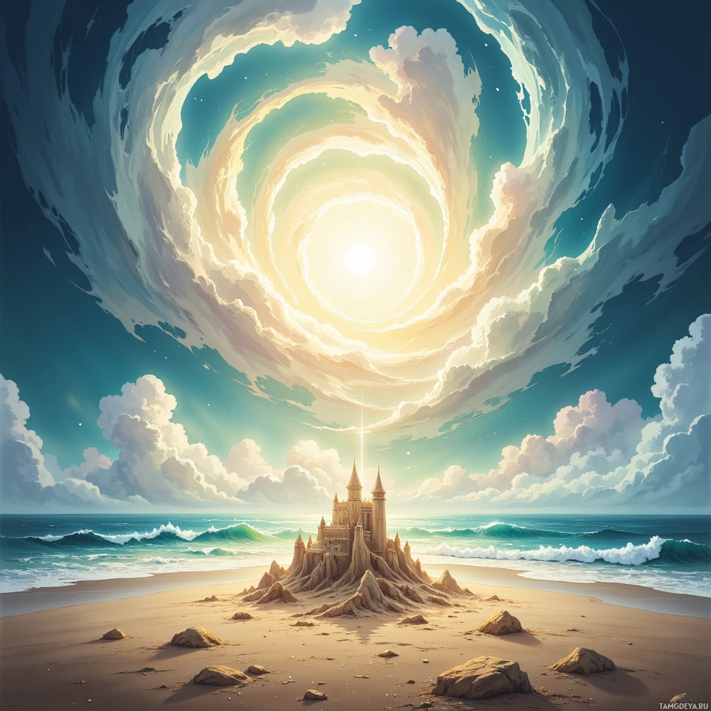 A fantastical scene featuring a castle on a sandy beach under a swirling, ethereal sky.