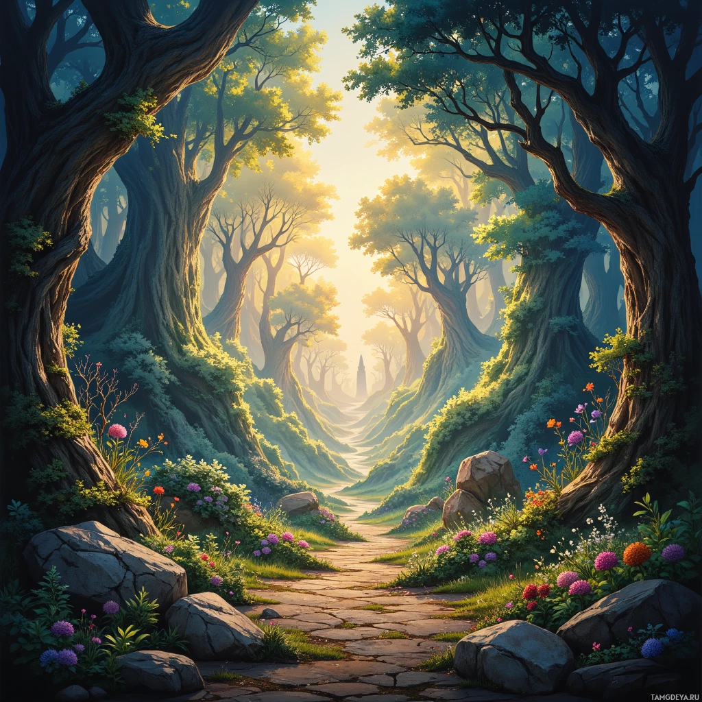 A serene forest path lined with vibrant flowers and towering trees bathed in golden sunlight.