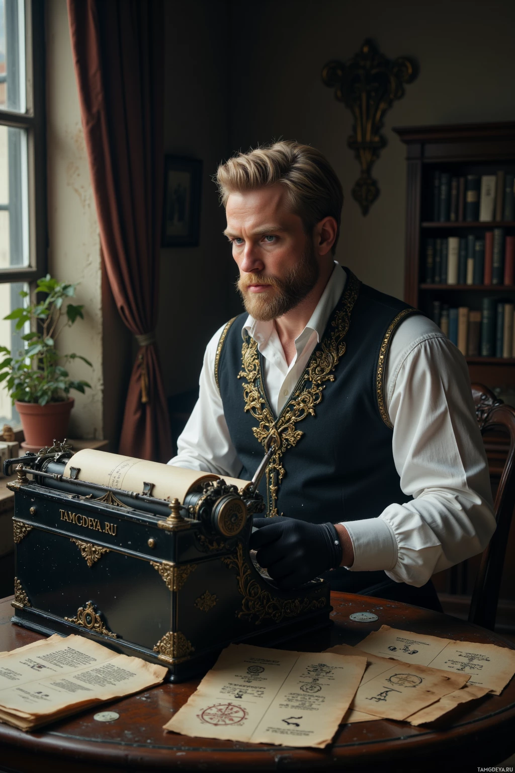 A man in a formal vest and white shirt is seated at a desk, using an ornate typewriter.