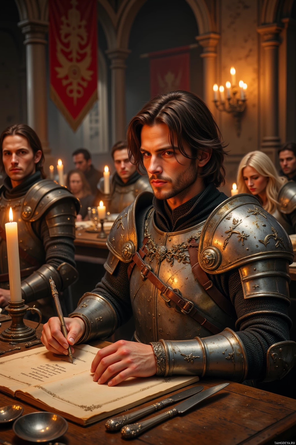 A knight in armor is seated at a table, writing in a book with a quill pen.