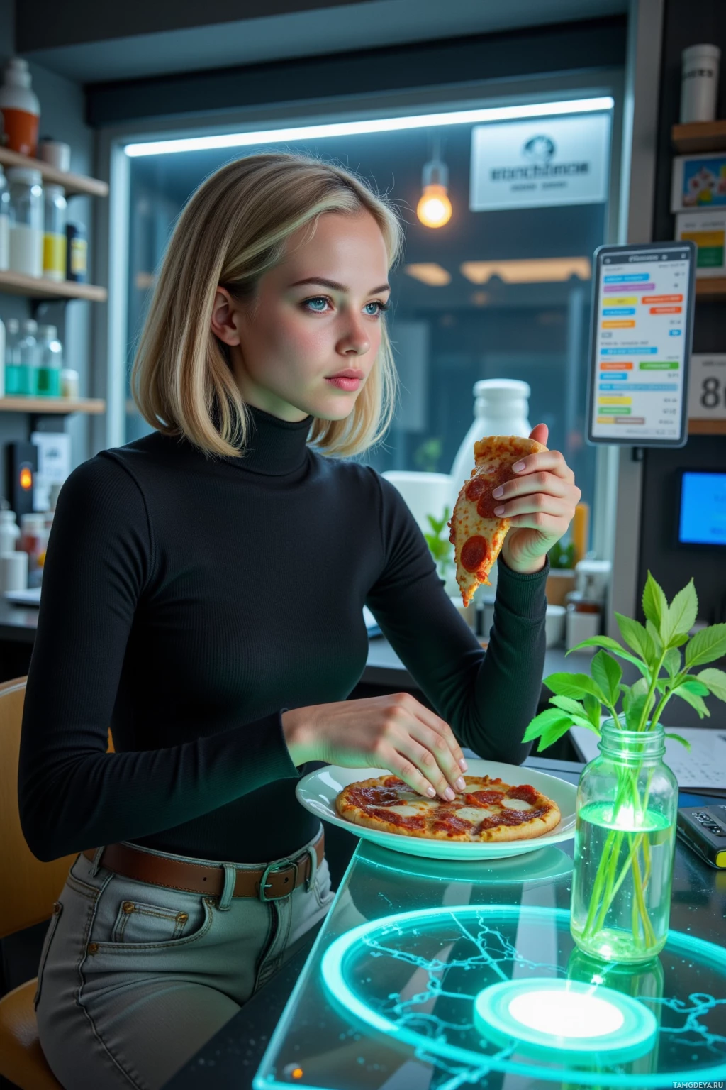 A person is sitting at a table, holding a slice of pizza and looking at a futuristic display.