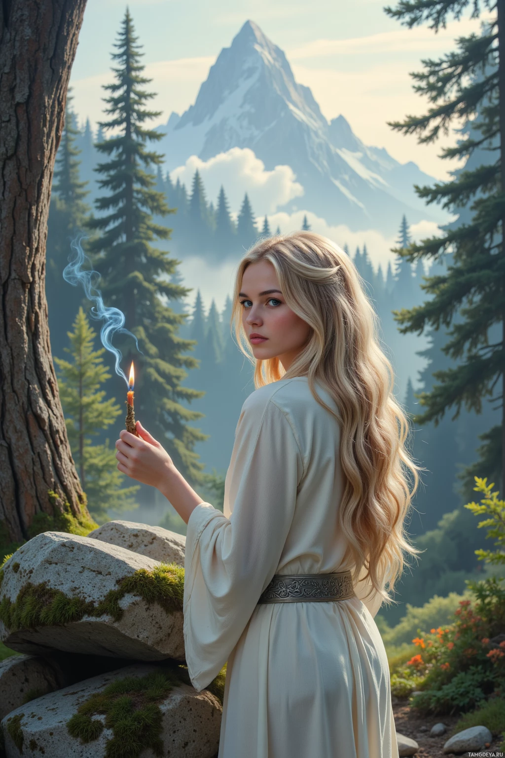 A woman in a flowing robe holds a lit candle, standing amidst a serene forest with a majestic mountain in the background.