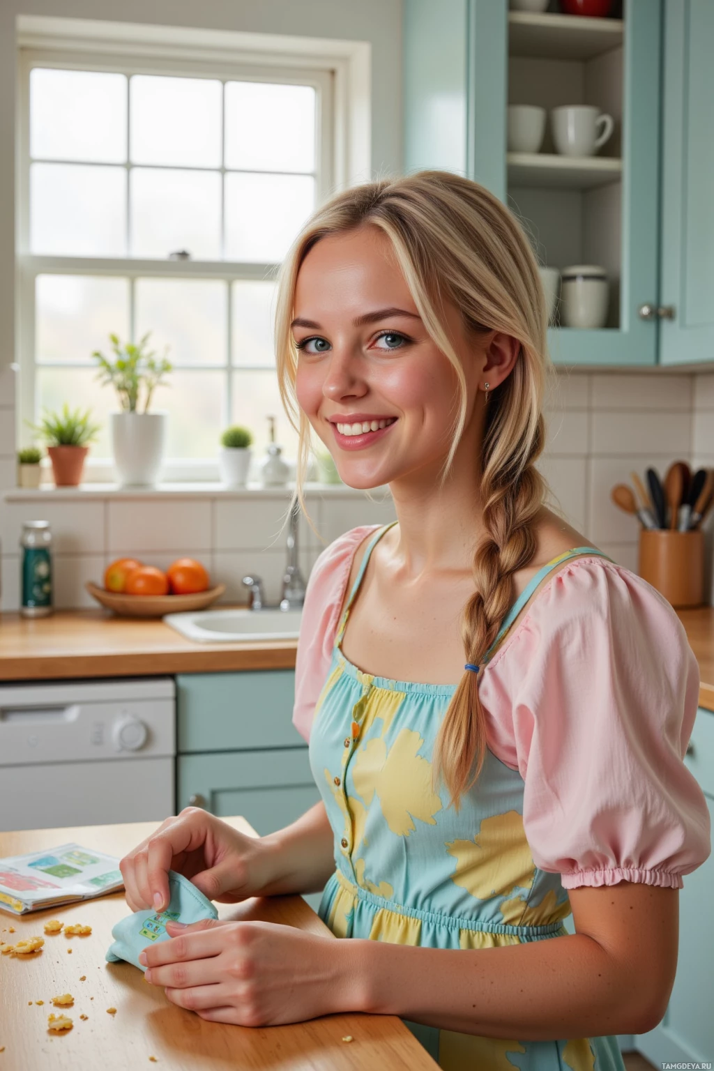 A woman in a colorful dress smiles in a kitchen setting.