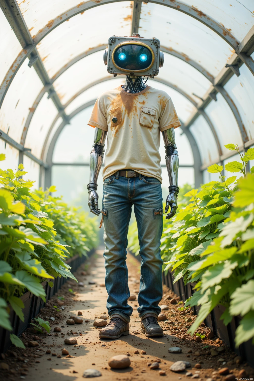 A robot in a t-shirt and jeans stands in a greenhouse.