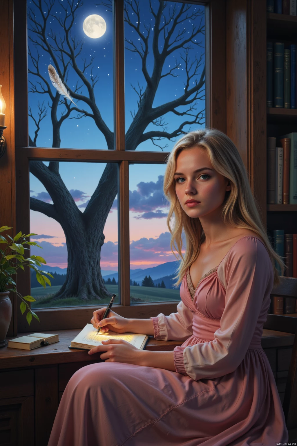 A woman in a pink dress sits by a window, writing in a book under a night sky with a full moon and a large tree outside.
