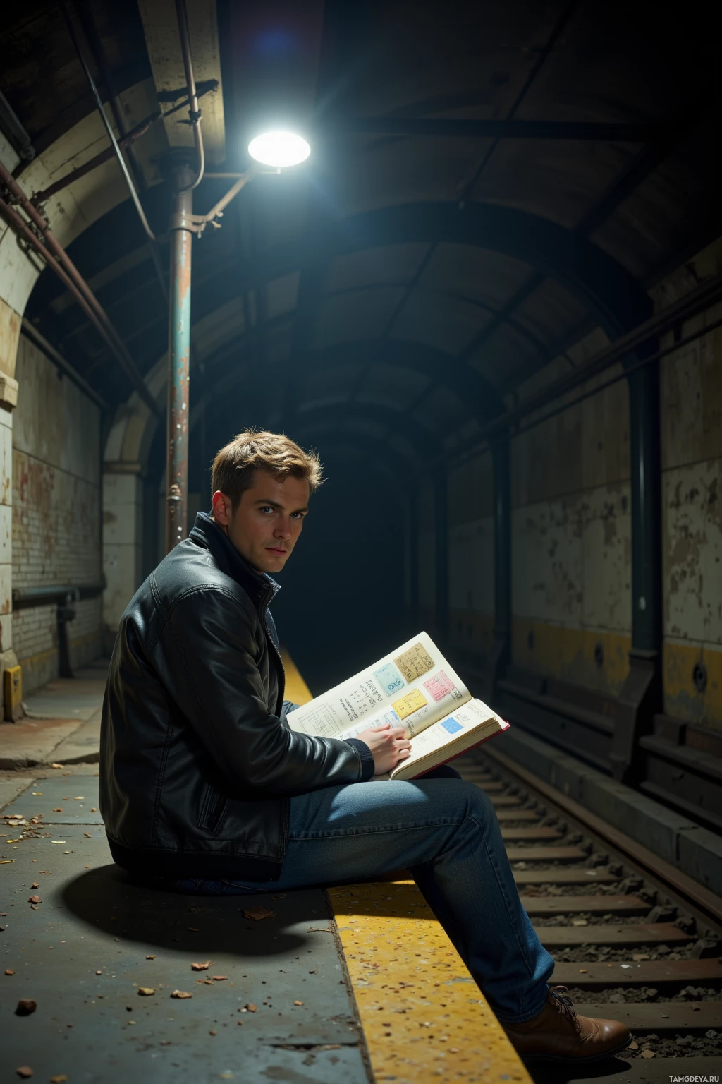 A man sits on a train platform reading a book under a bright overhead light.