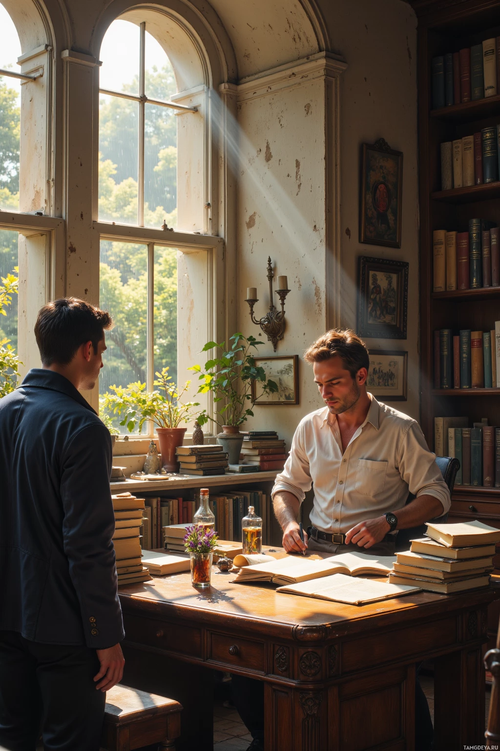 Two men are in a study with books and sunlight streaming through the window.