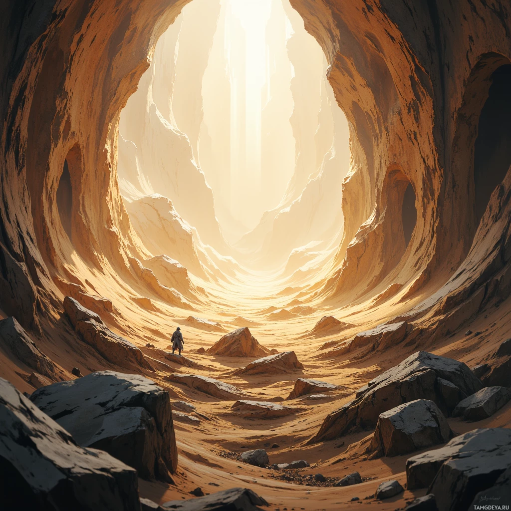 A lone figure walks through a vast, sunlit desert canyon.