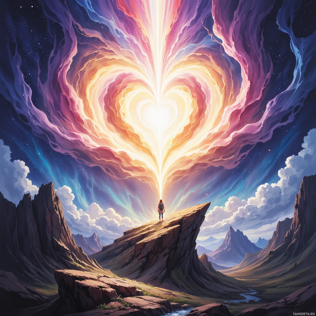 A person stands on a rocky outcrop overlooking a vast, colorful heart-shaped sky with a glowing center, surrounded by mountainous terrain and a starry night sky.