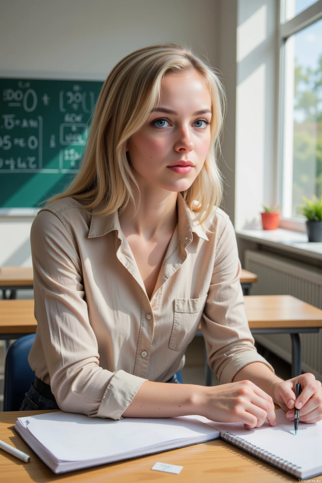 A student sits at a desk in a classroom, holding a pen and looking at the camera.