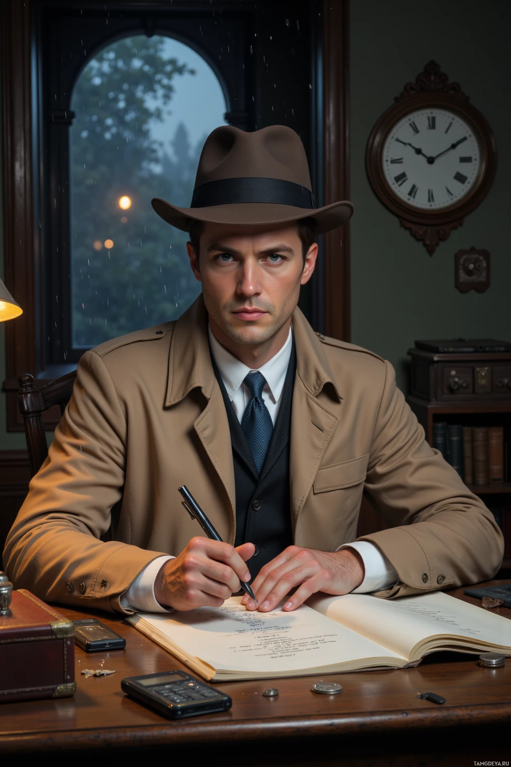 A man in a trench coat and fedora sits at a desk, writing in a notebook.