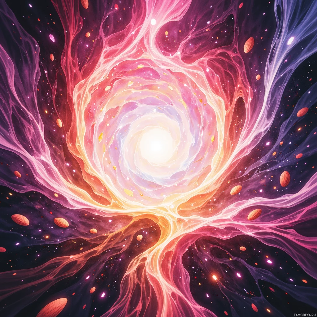 A vibrant cosmic scene featuring a swirling galaxy with a bright white center and colorful cosmic dust.