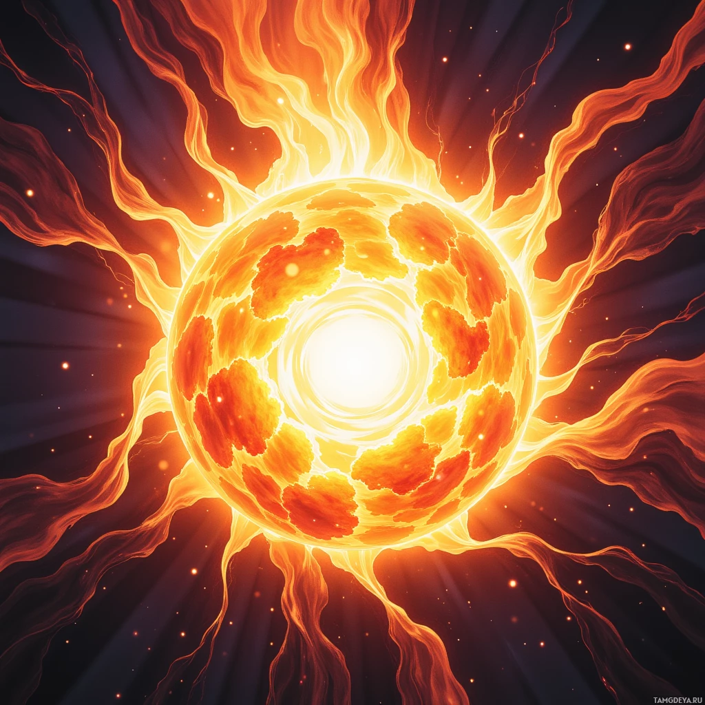 A vibrant depiction of a fiery sun with radiant rays and glowing particles.