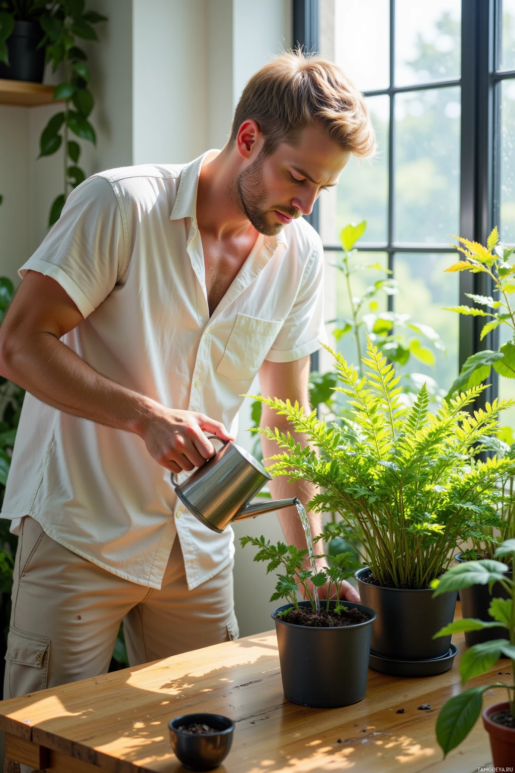 A man waters a potted plant on a wooden table near a window.