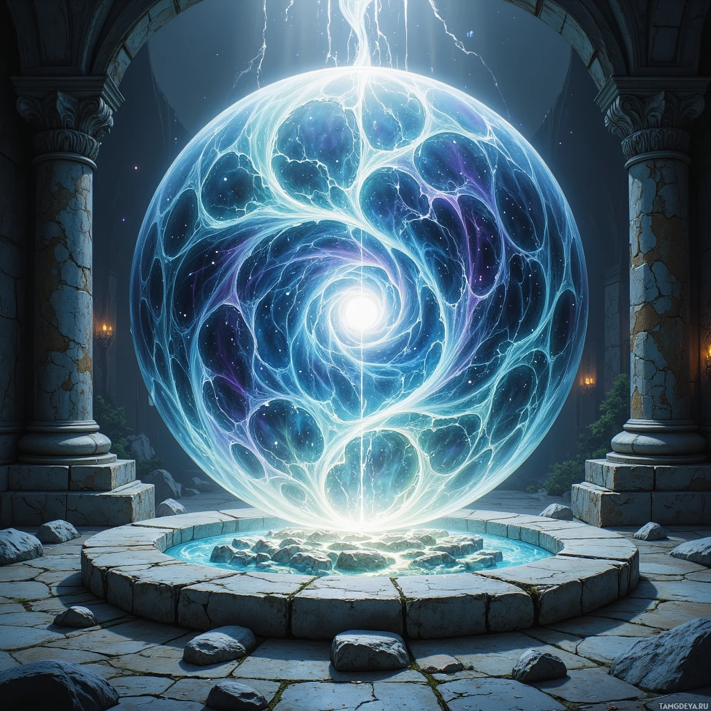 A glowing, intricate sphere emits light within a stone courtyard surrounded by classical columns.