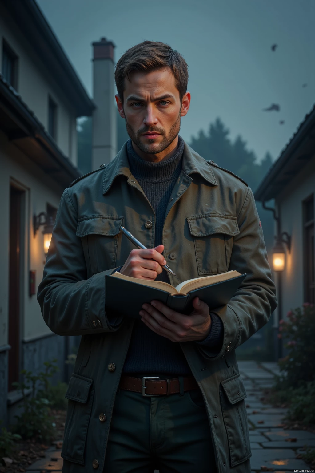A man in a green jacket and sweater holds a pen and notebook, standing outdoors near a house.