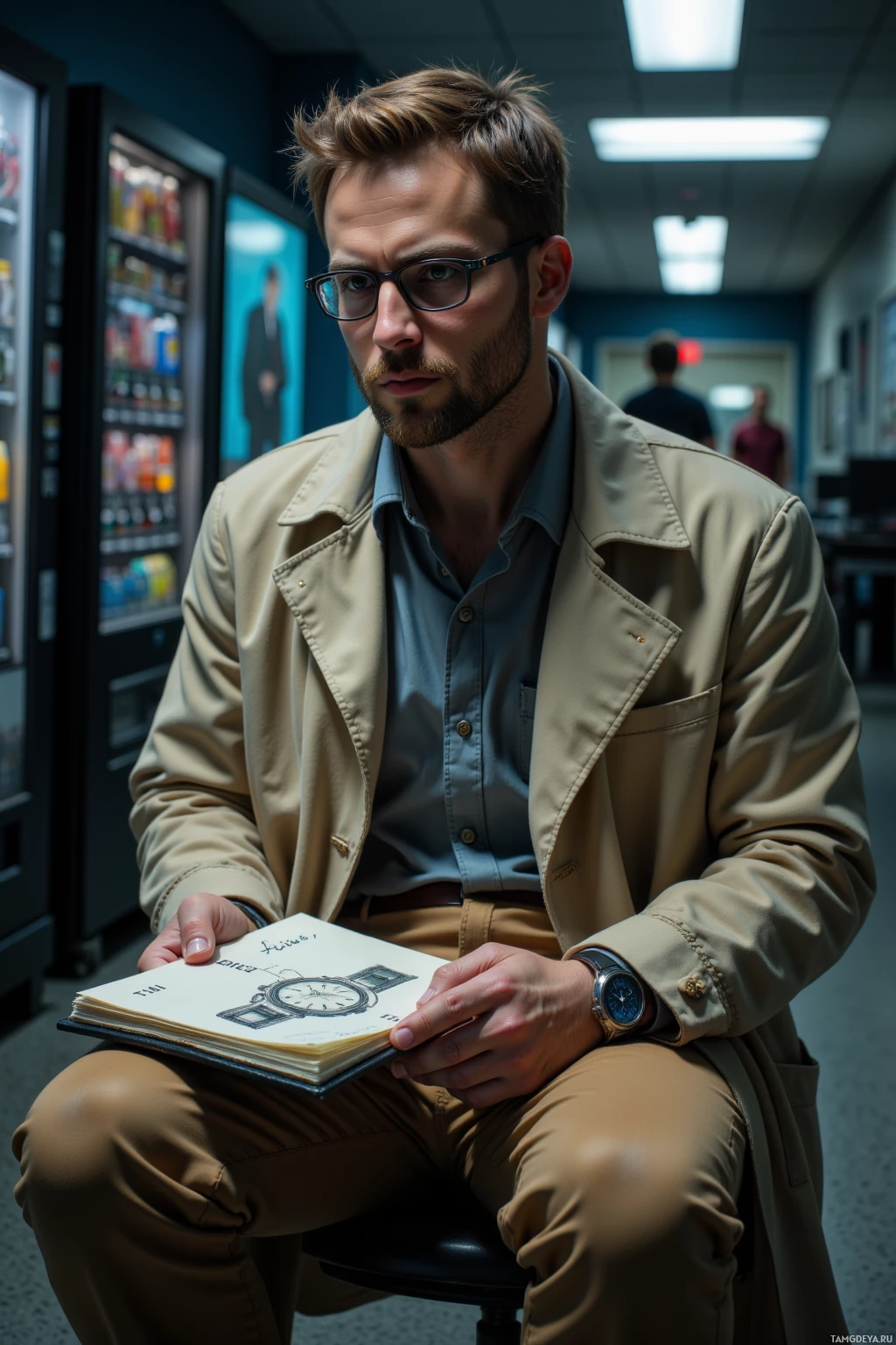 A man in a trench coat sits in a hallway, holding an open book.