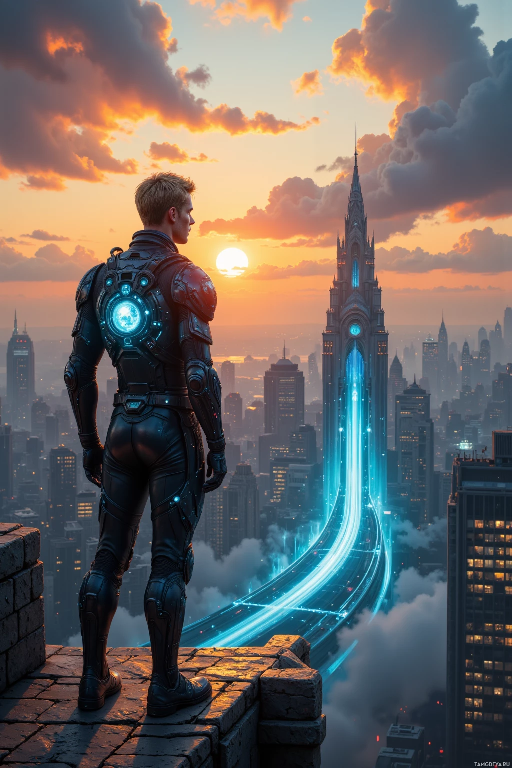 A futuristic figure stands on a rooftop overlooking a cityscape with a glowing blue light trail.