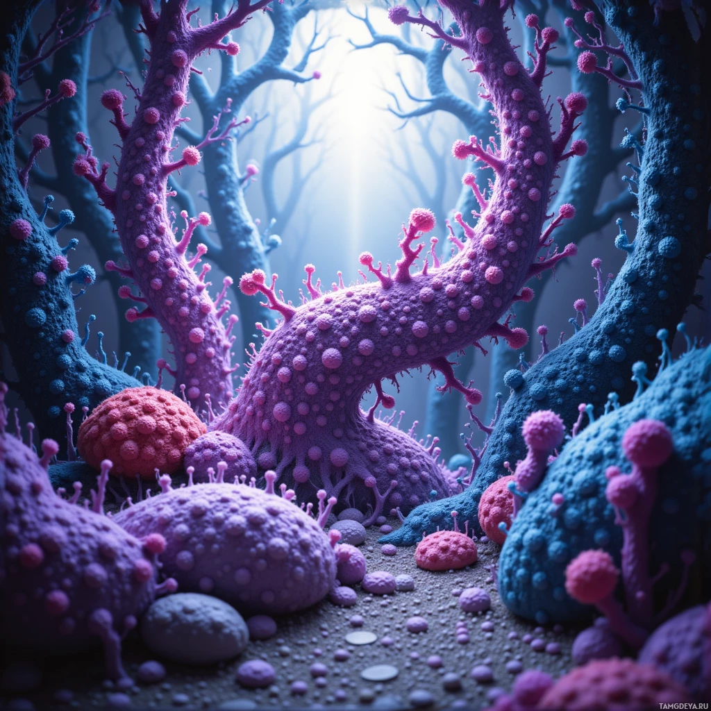 A fantastical forest scene with vibrant, spiky purple and pink fungi and trees.