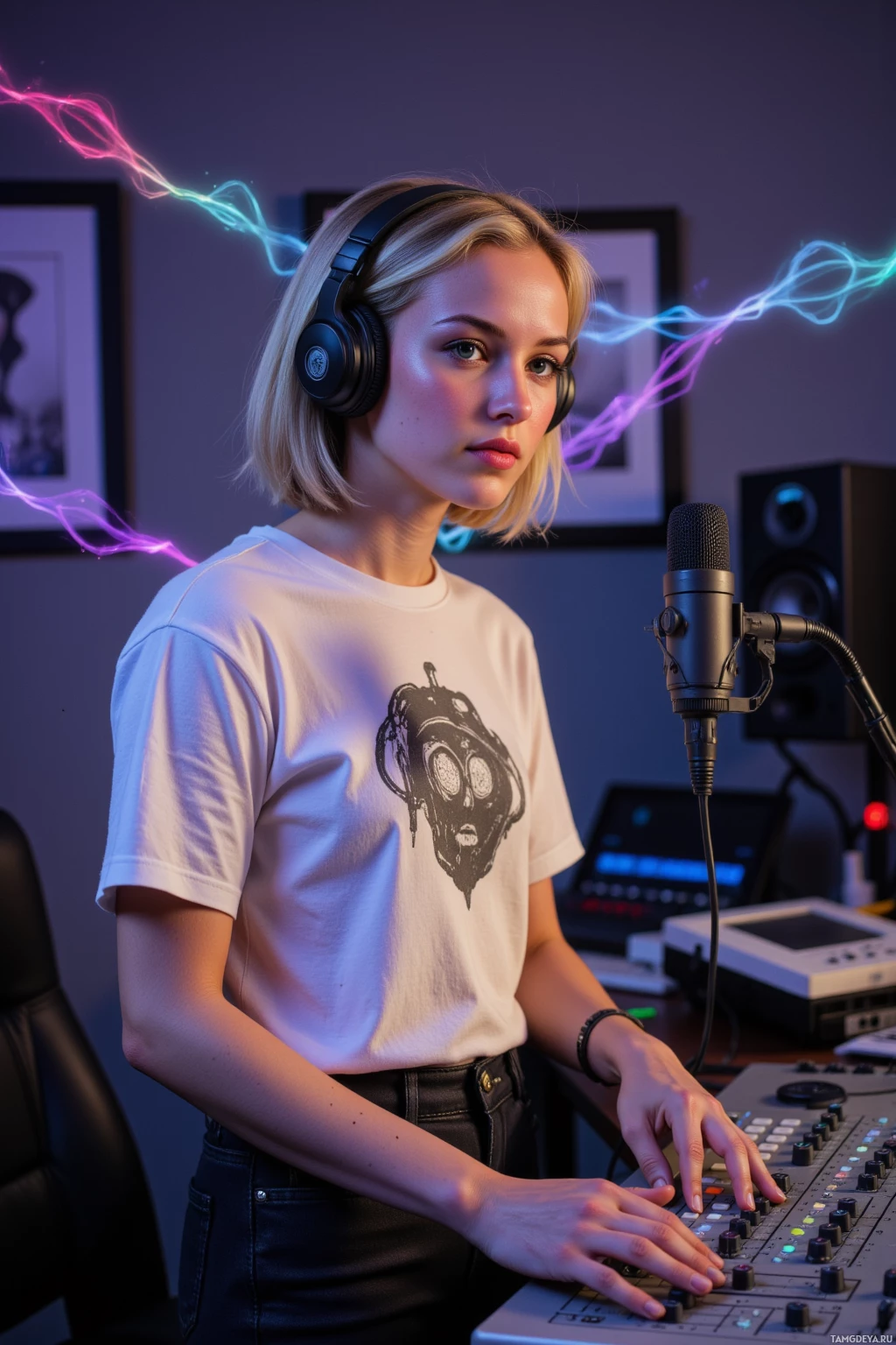 A person wearing headphones and a graphic t-shirt is in a recording studio with a microphone and audio equipment.