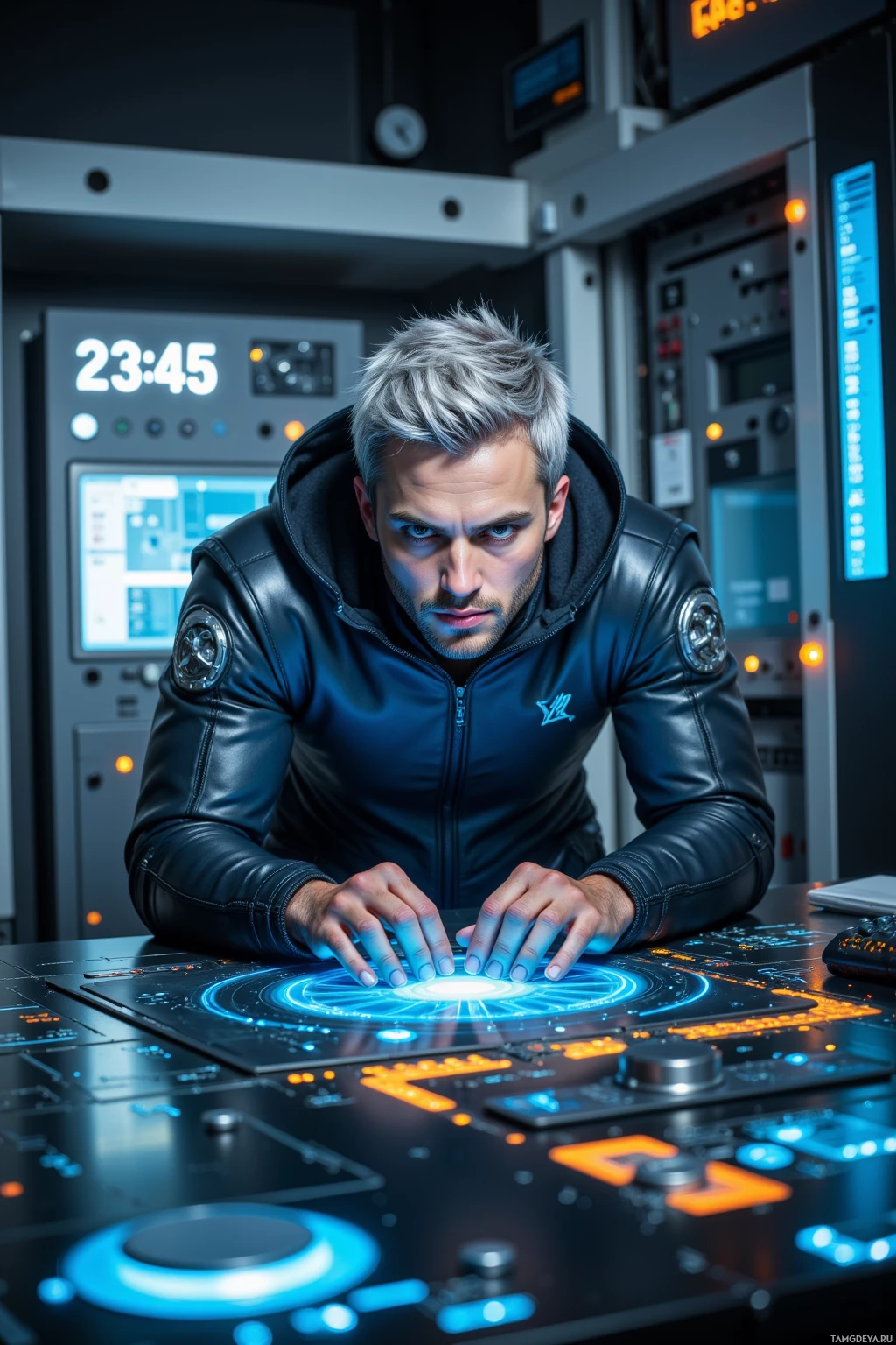 A person in a futuristic control room operates a high-tech console with glowing blue and orange lights.