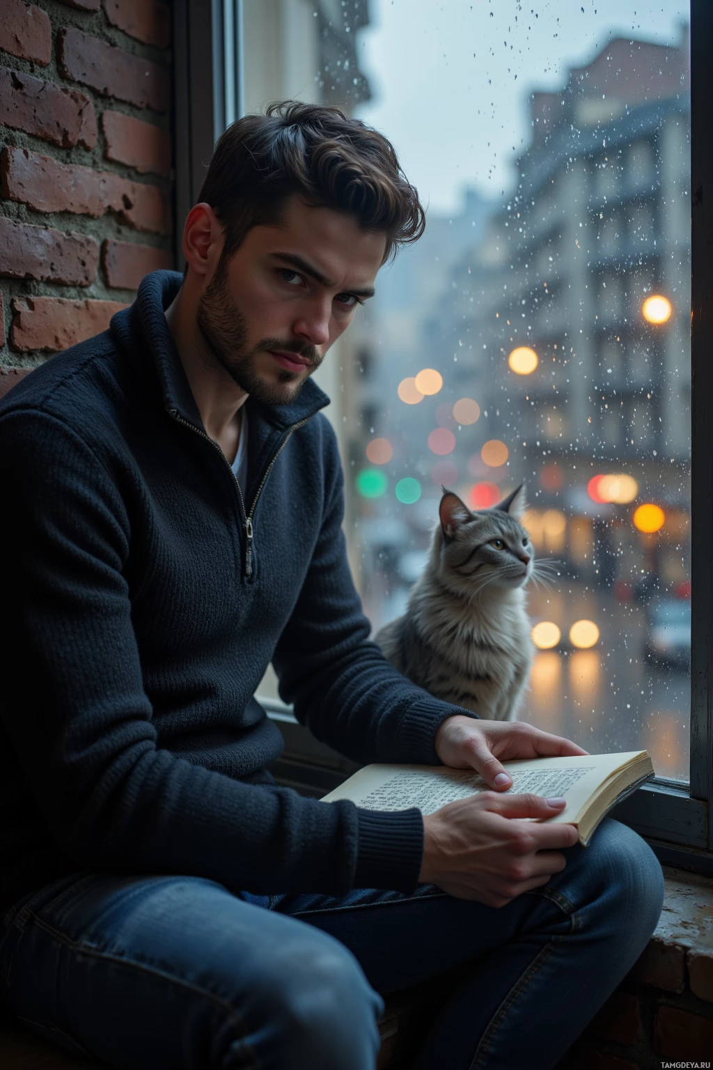A man sits by a window with a cat, reading a book on a rainy day.