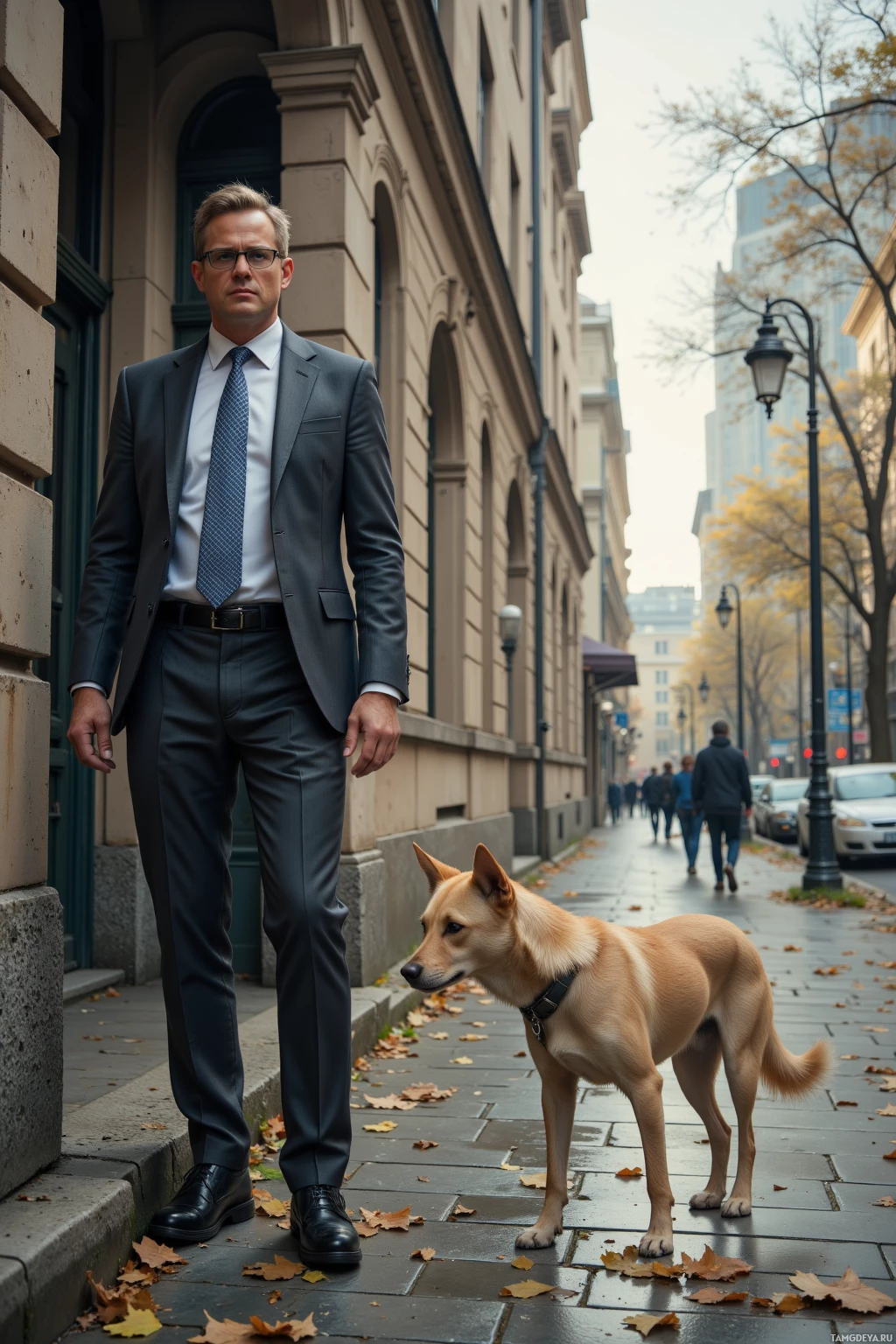 A man in a suit stands on a city sidewalk next to a dog.