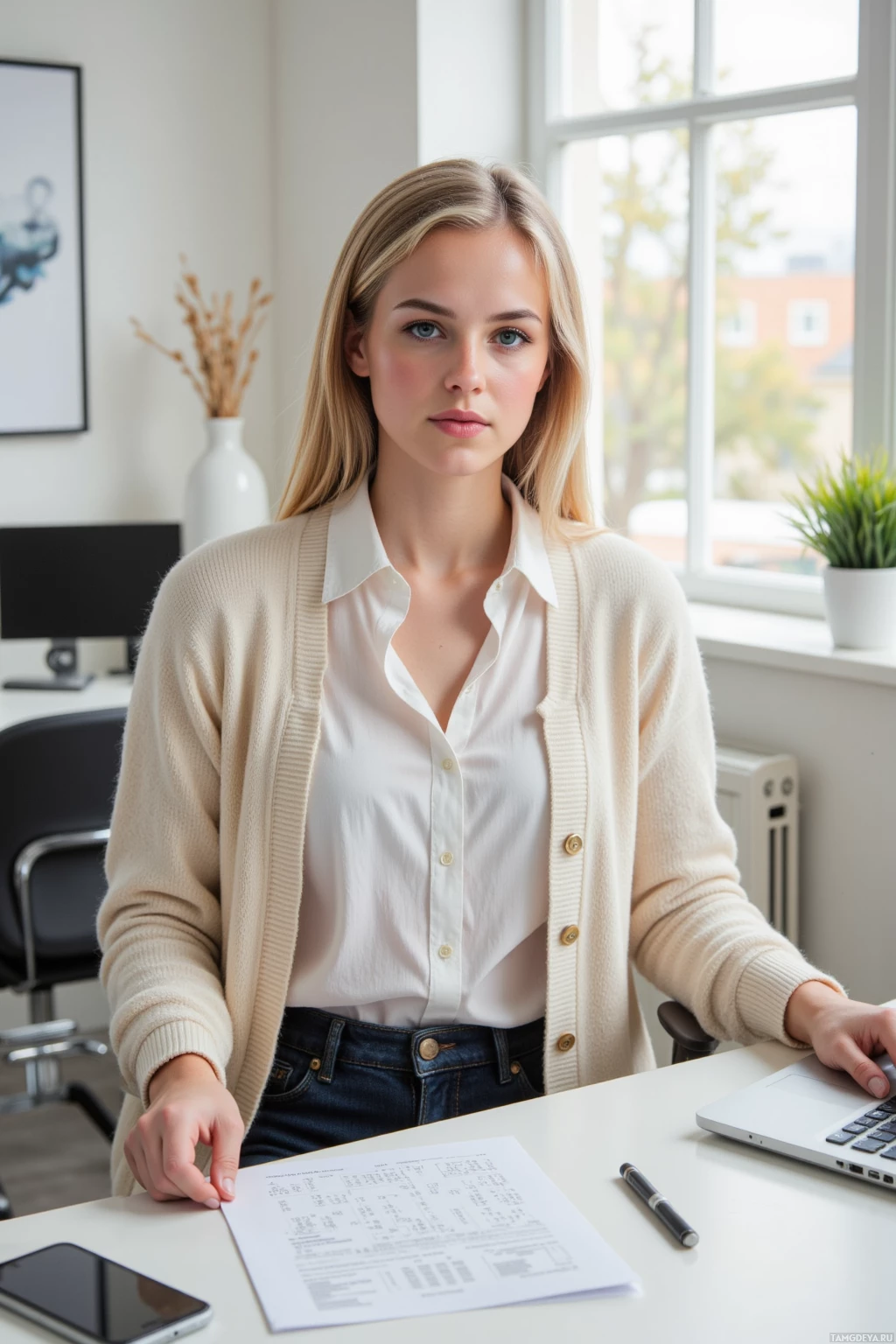 A woman in a professional setting, seated at a desk with a laptop, documents, and a pen, in a bright, modern office environment.