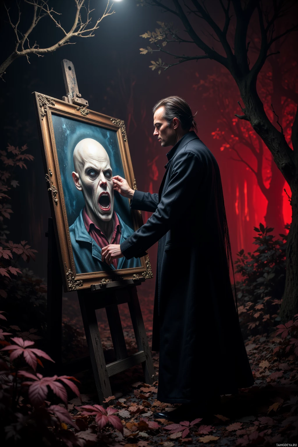 A man in a dark coat stands in a forest, painting a portrait of a bald, intense face on an easel.