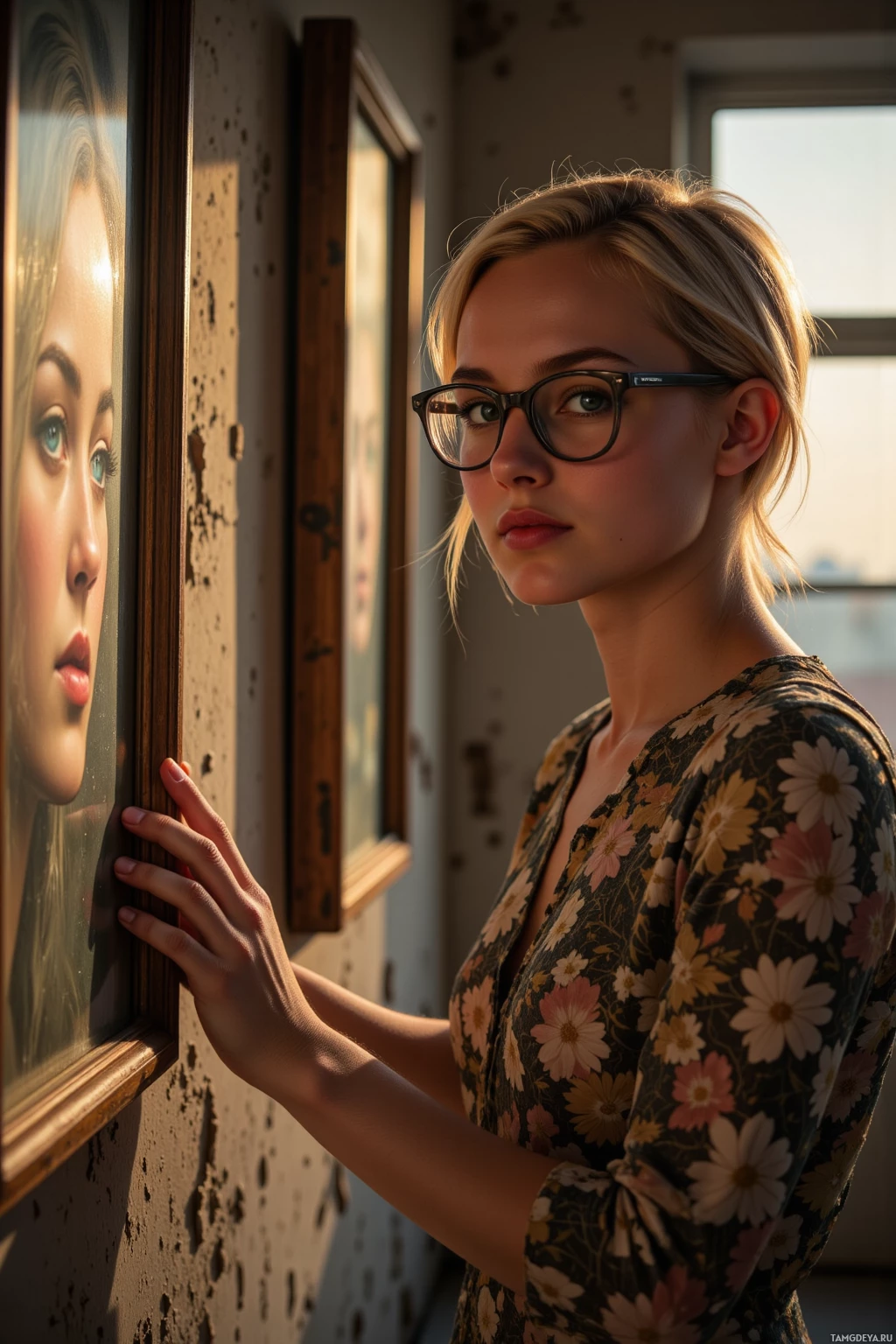A woman in a floral dress stands beside a framed portrait, gently touching the frame.