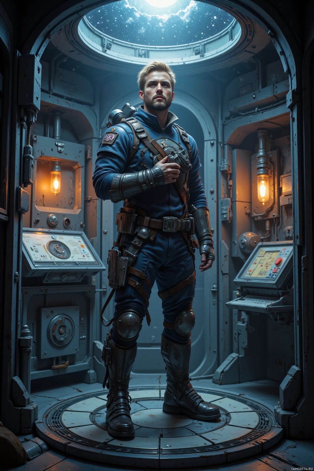 A person in a futuristic, armored suit stands in a high-tech, sci-fi environment.