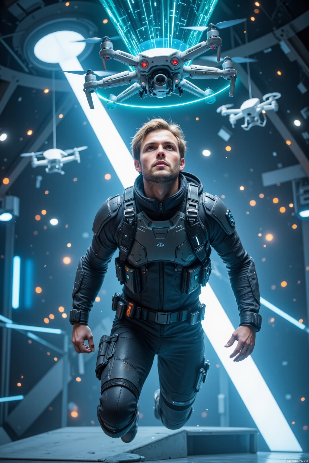 A futuristic individual in advanced armor is suspended mid-air, with drones hovering above in a high-tech environment.
