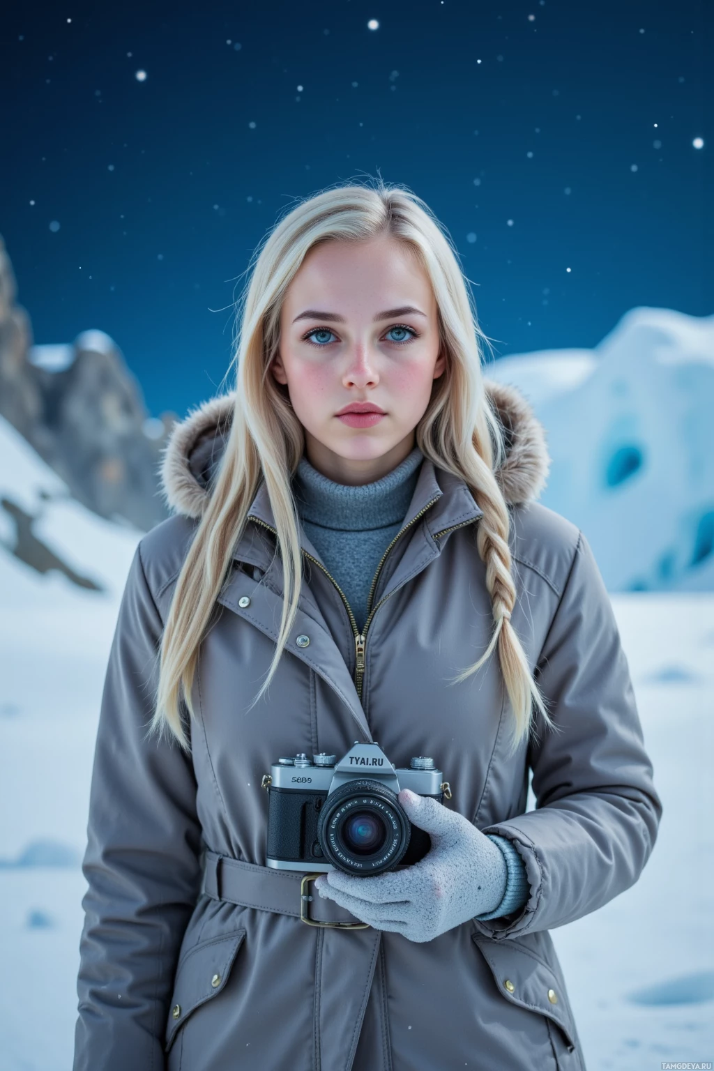 A person in a winter coat holding a camera stands against a snowy backdrop.