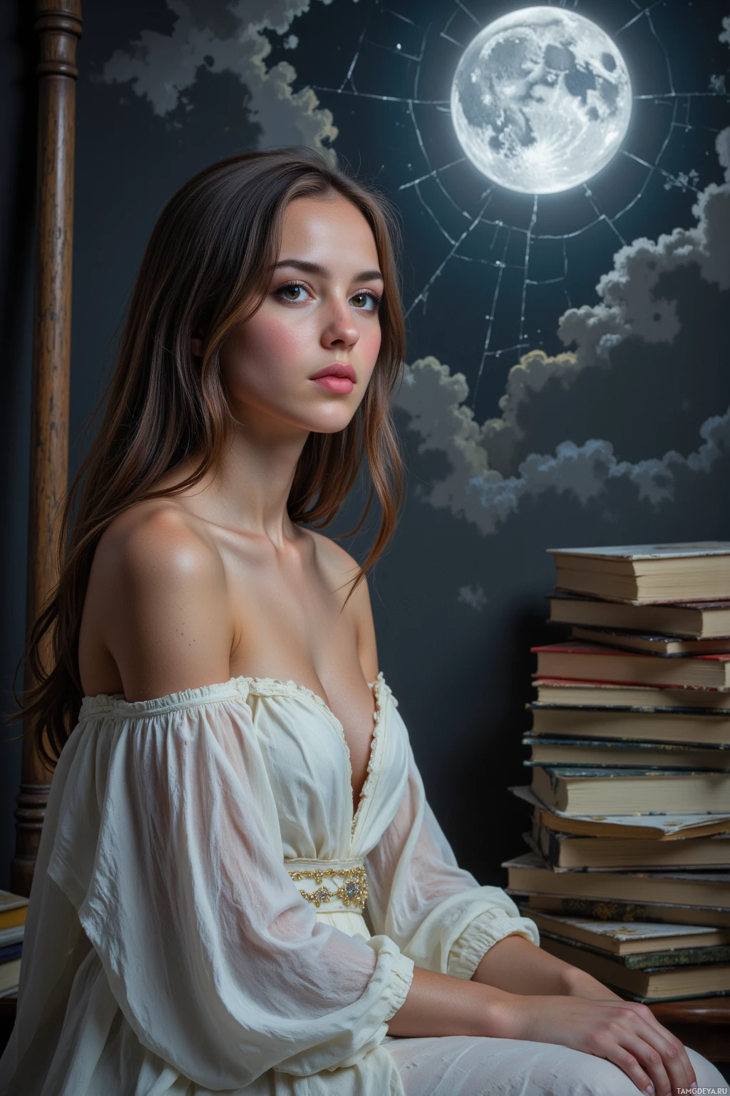 A woman in a white dress sits beside a stack of books, with a night sky and moon in the background.