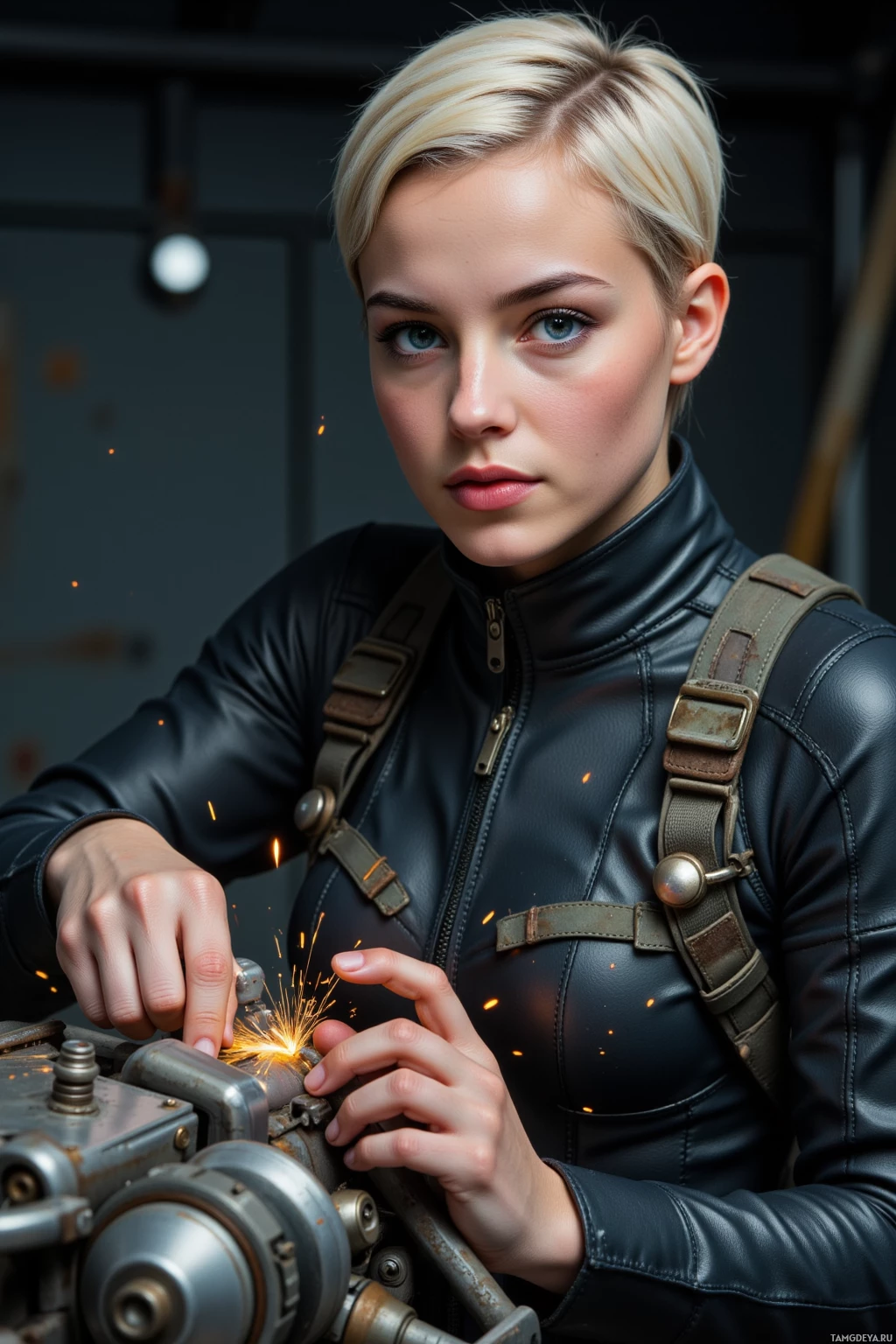 A person in a black leather outfit works on a machine with sparks flying.