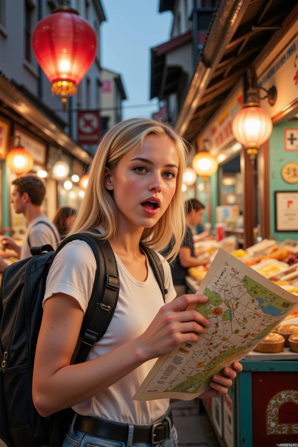 A person with a backpack holds a map while standing in a street market with illuminated lanterns.