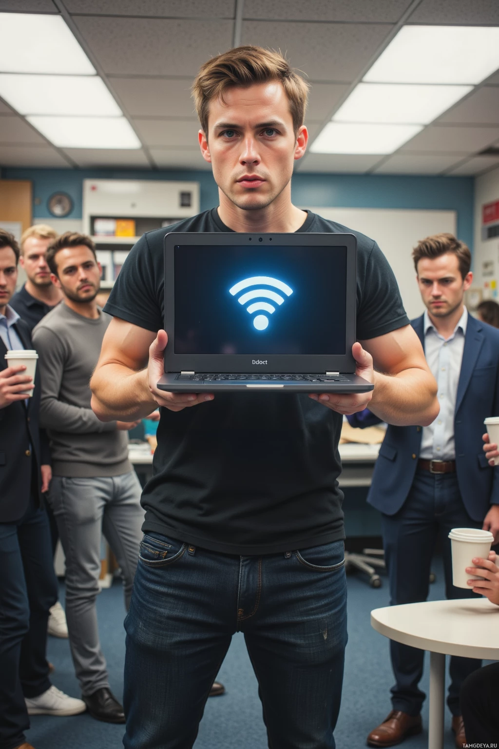 A man holds a laptop displaying a Wi-Fi symbol in a room with other people.