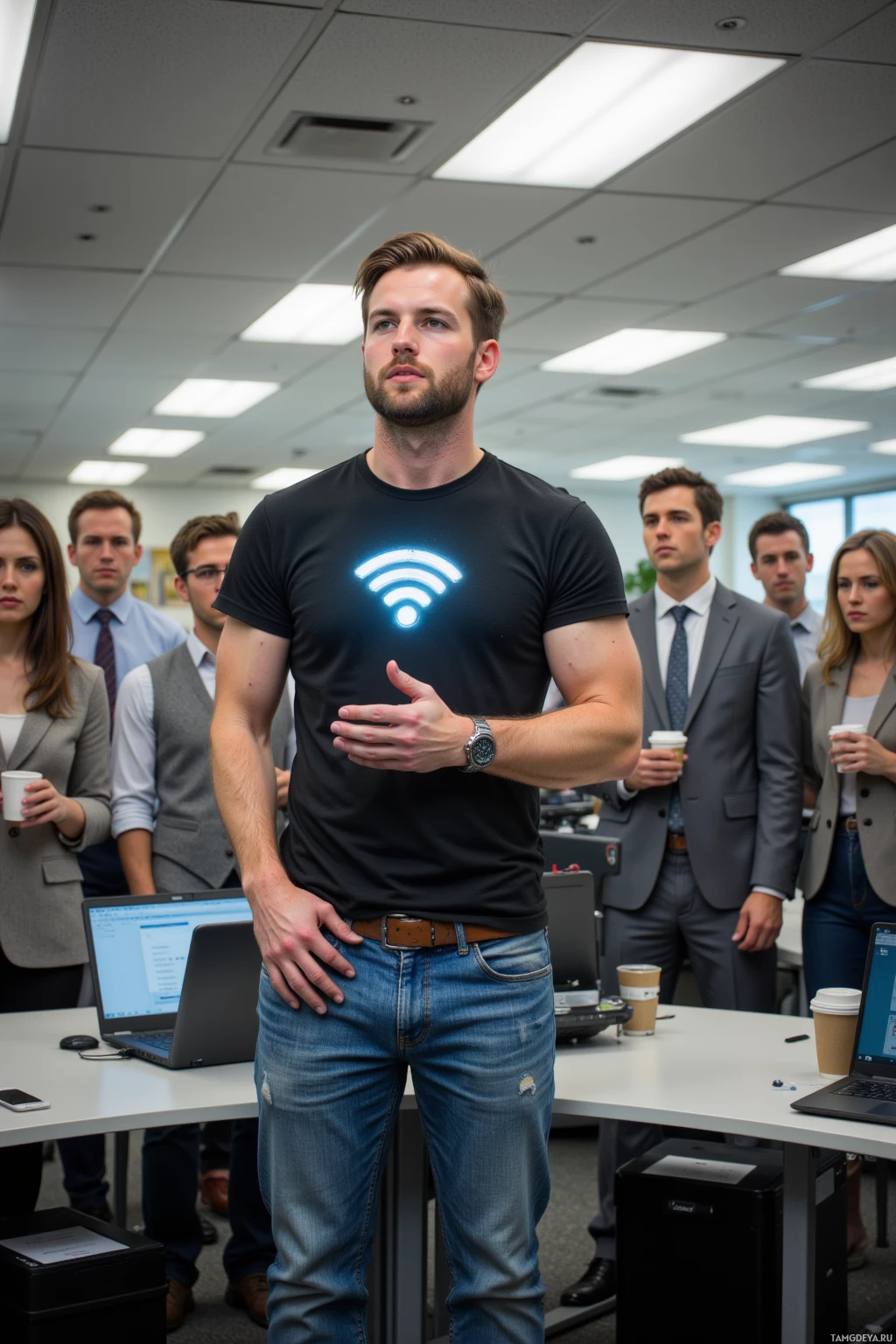 A man in a black t-shirt with a glowing Wi-Fi symbol stands in an office setting with colleagues.