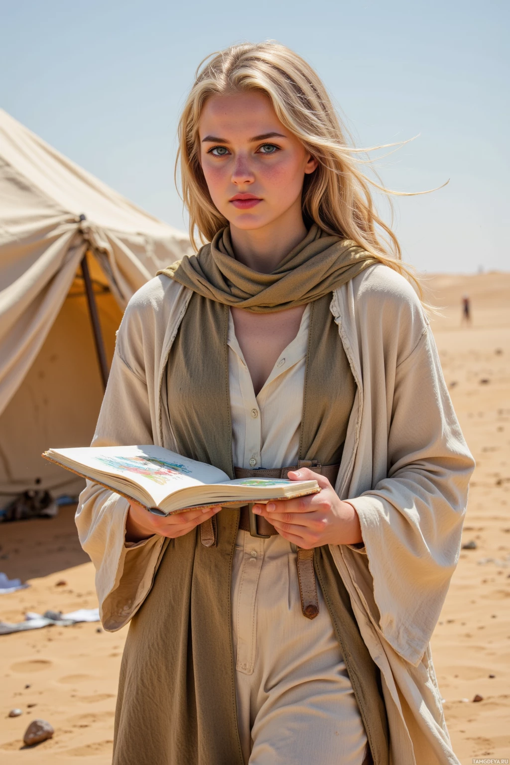A person stands in a desert, holding an open book, with a tent and sandy surroundings in the background.
