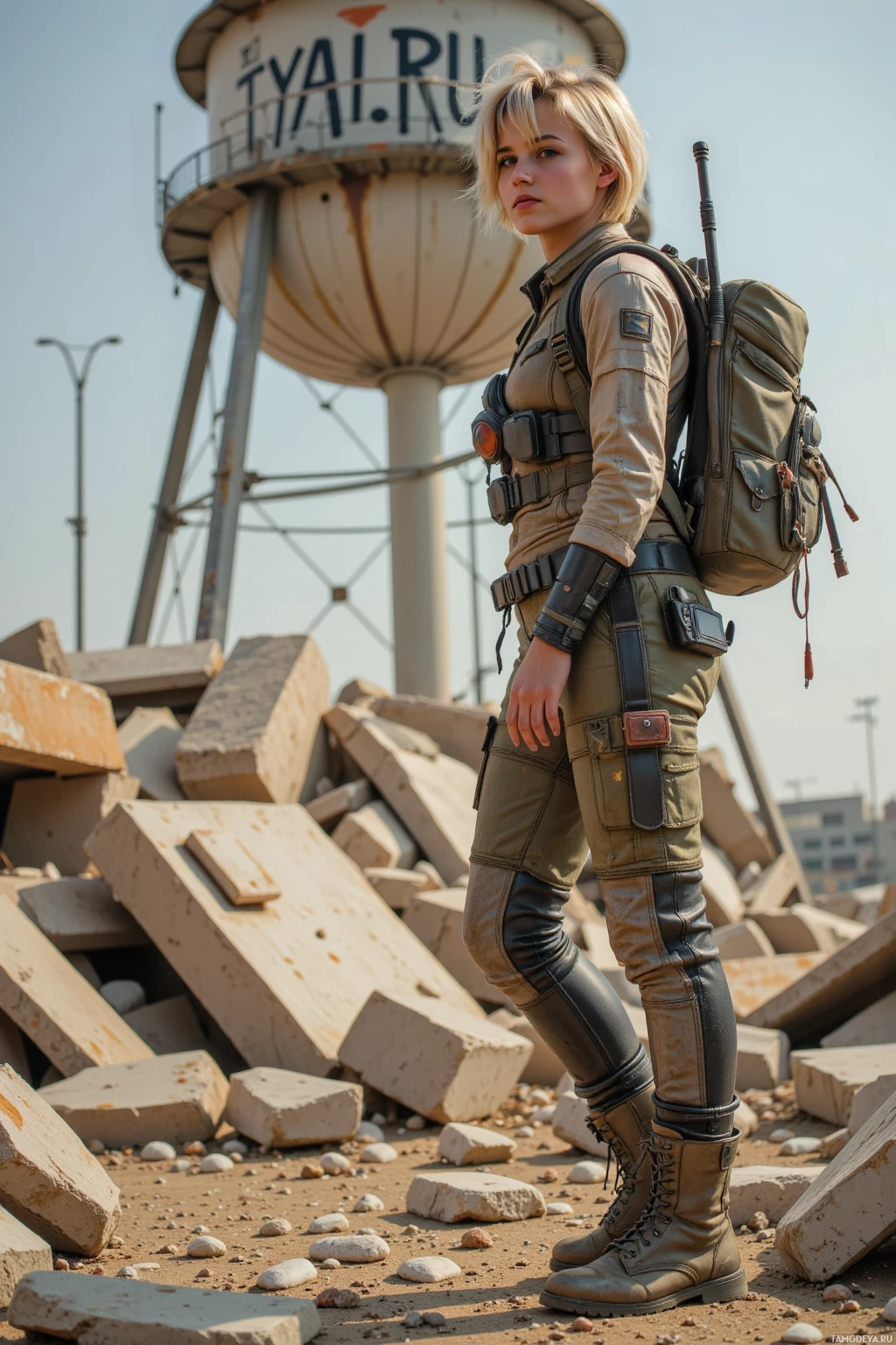 A person in a military-style outfit stands amidst rubble with a water tower in the background.
