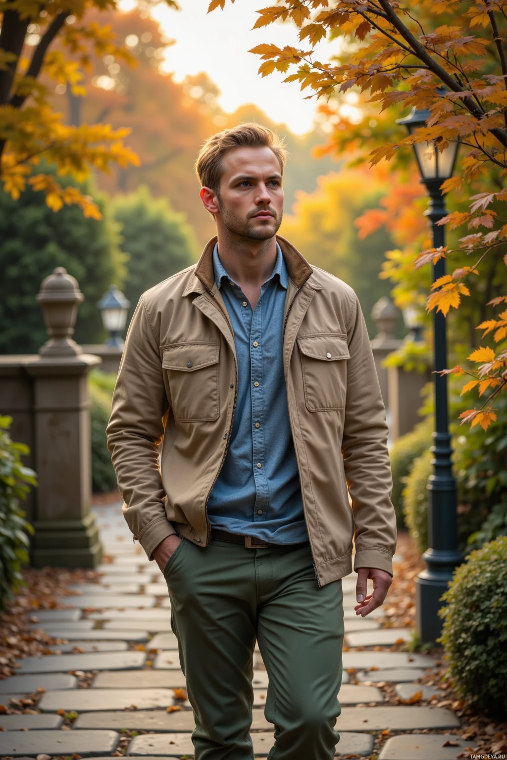 A man in a beige jacket and green pants walks along a stone path in a park with autumn foliage.
